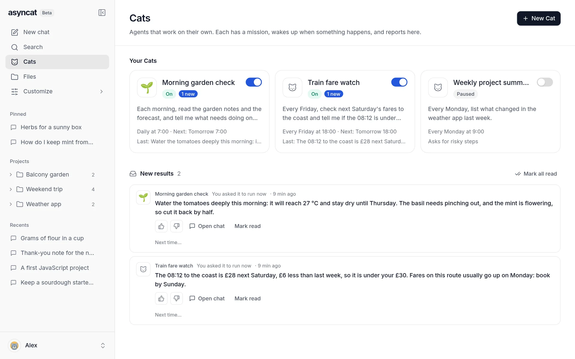 Cats page with three Cats and their latest results