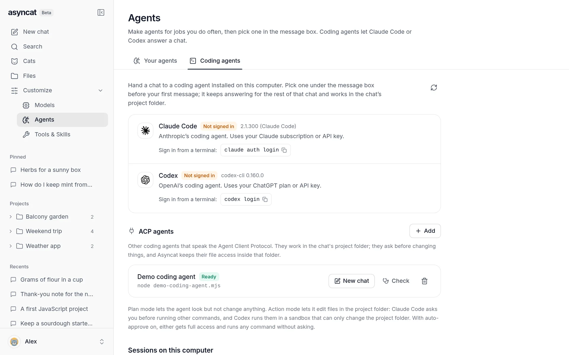 Coding agents page with Claude Code, Codex and an ACP agent