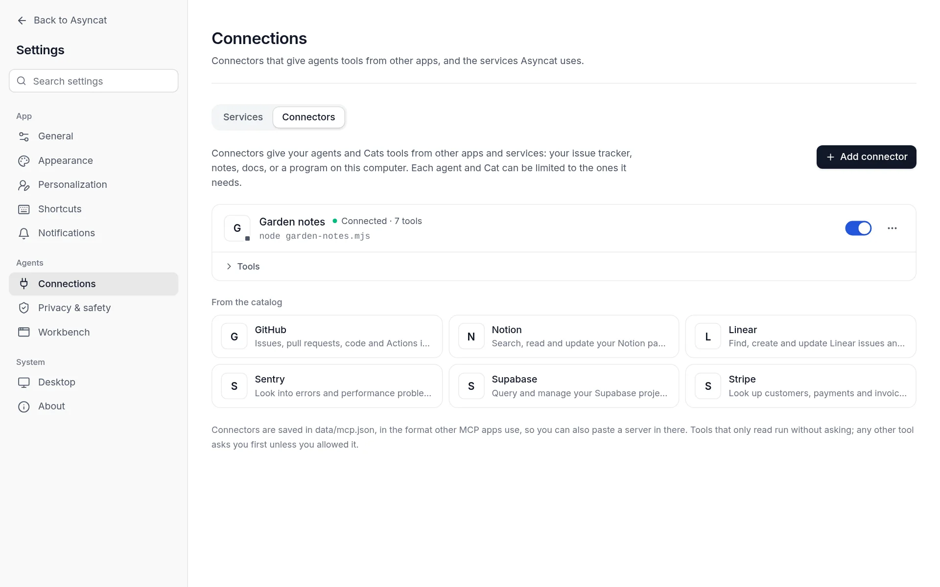 Settings, Connections, with a connected connector and the catalog