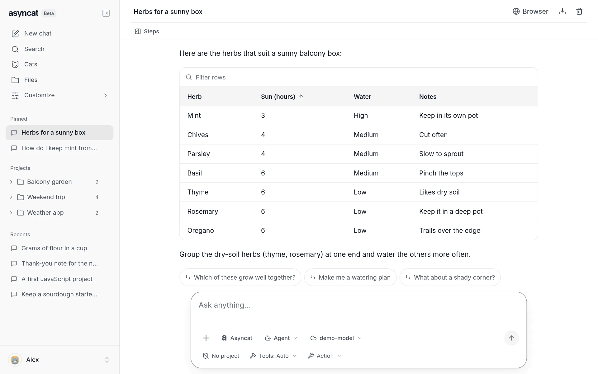 An answer with a sortable table and follow-up buttons