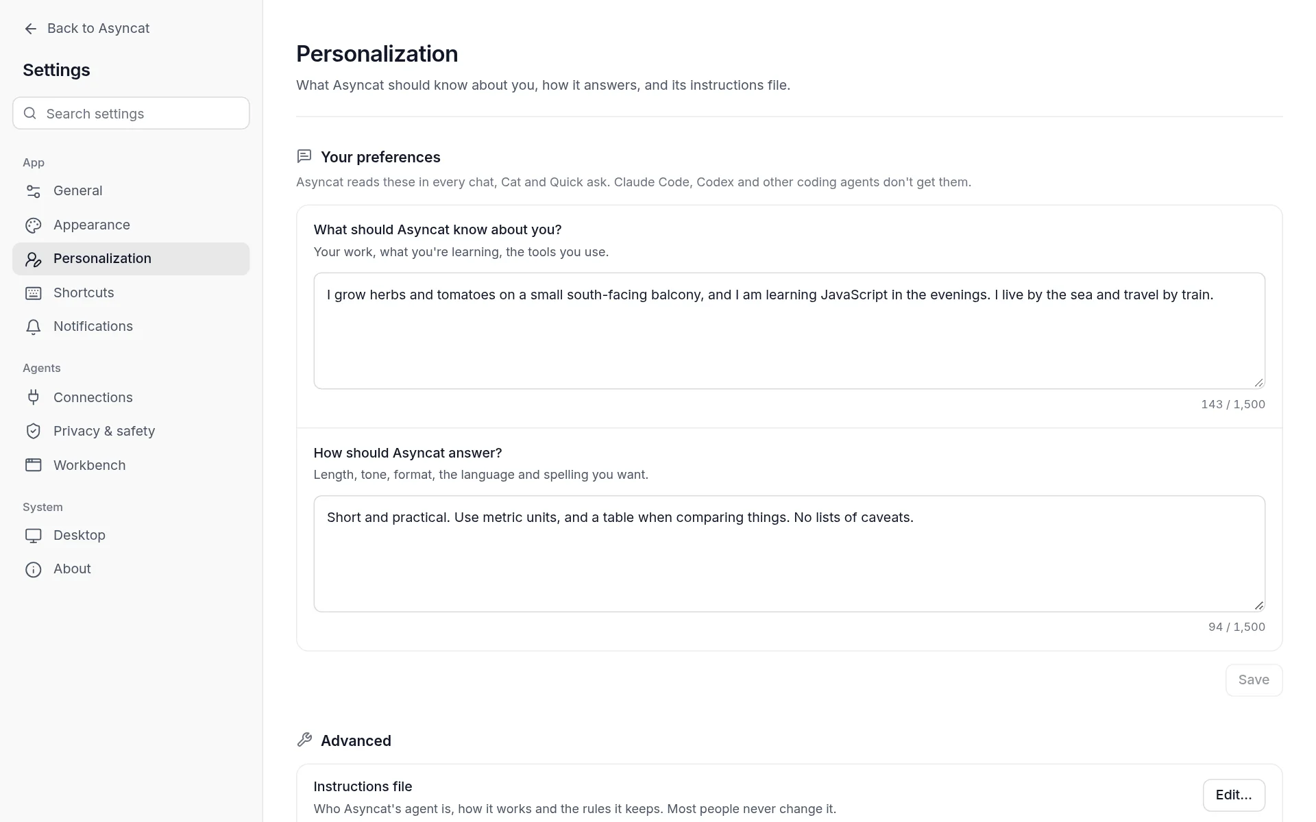 Settings, Personalization, with what Asyncat should know and how it should answer