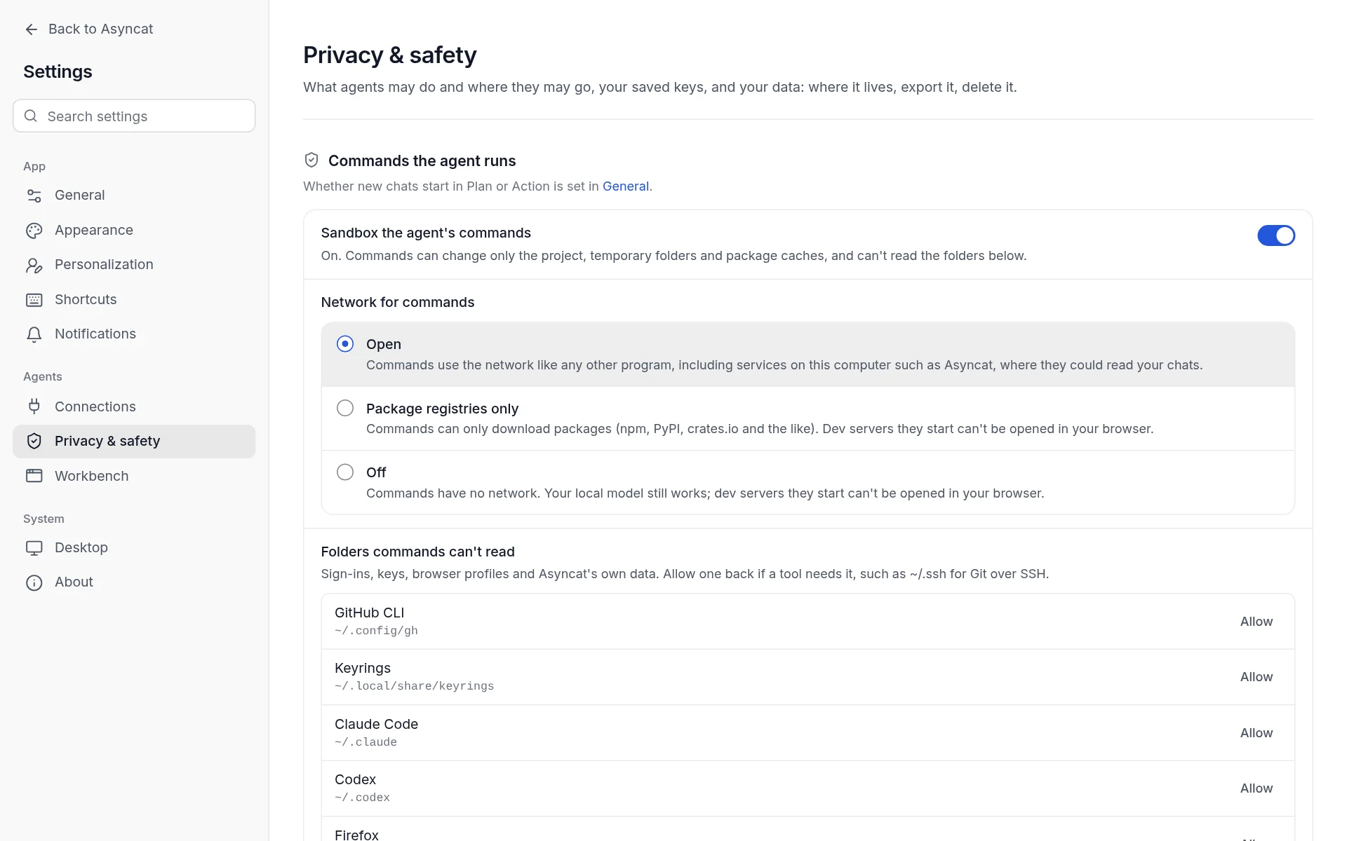 Settings, Privacy and safety: the command sandbox and its network