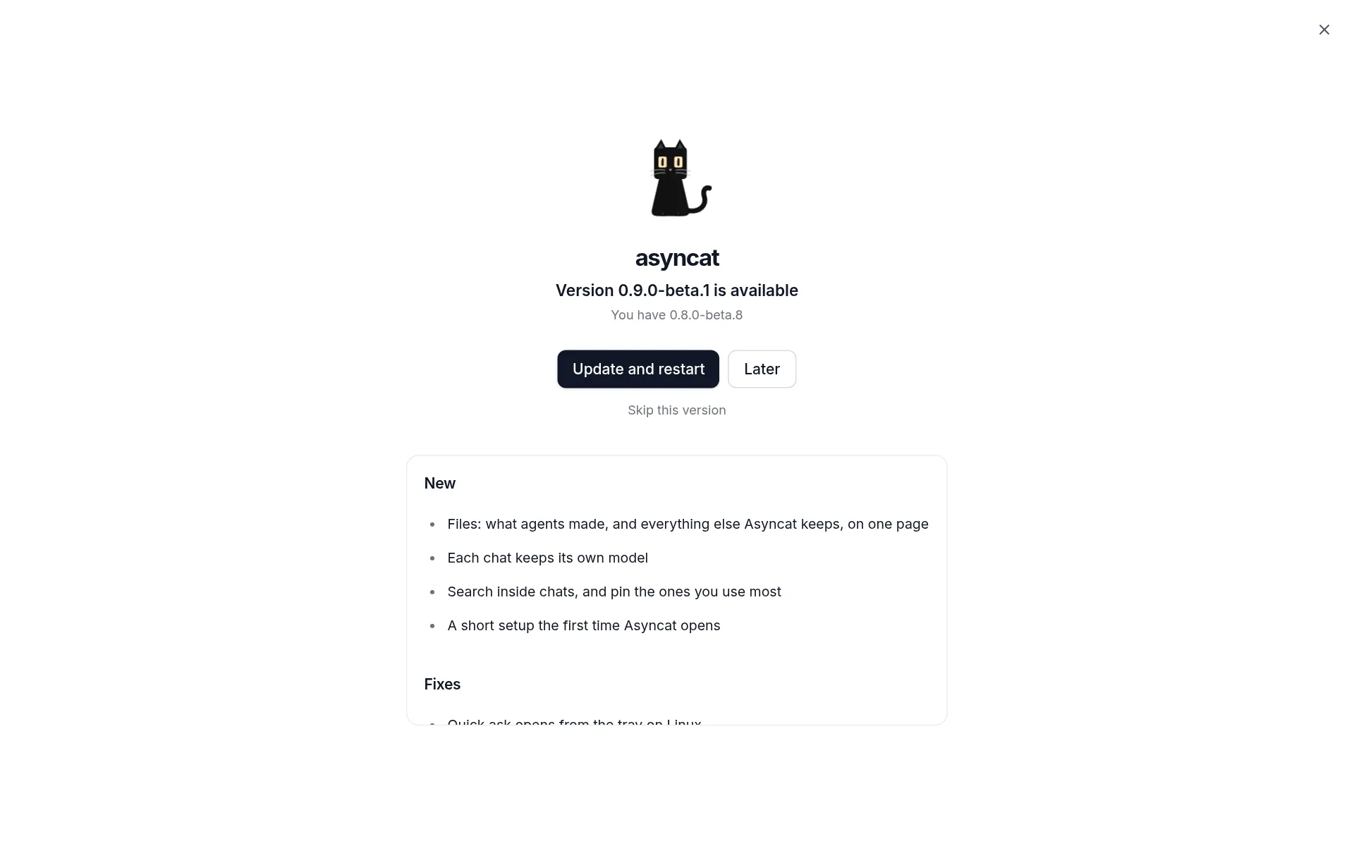 Update screen with release notes