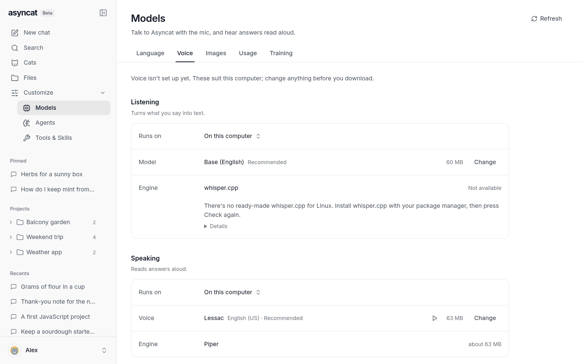 Models, Voice: listening and speaking on this computer, with sizes